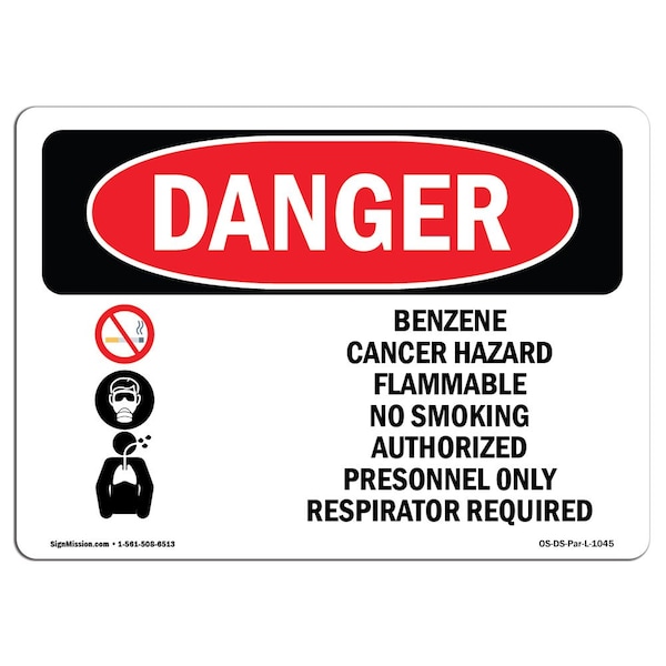 Safety Sign, OSHA Danger, 7" Height, 10" Width, Aluminum, Benzene, Landscape, L-1045